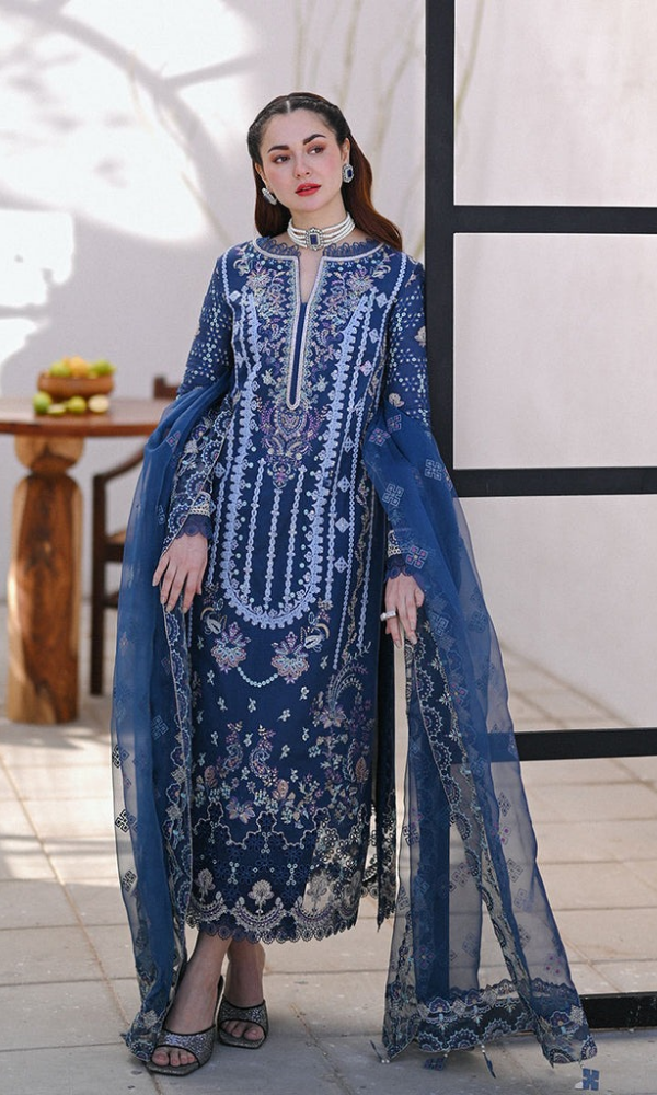 Qalamkar 3PC Embroidered Lawn Shirt with Embroidered Organza Dupatta AJK 2545